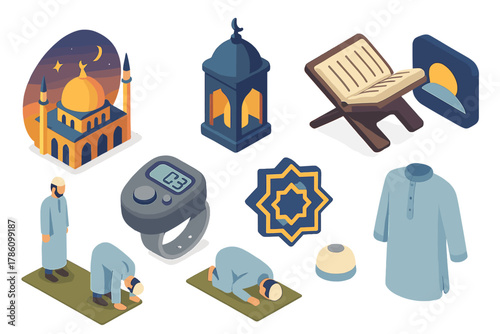 Islamic Isometric Elements. Isometric vector illustration set of Islamic: evening sky mosque, night dome lantern, Quran bookmark