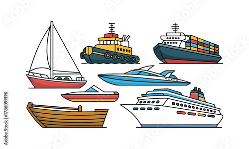 Set of diverse water vessels and marine transport