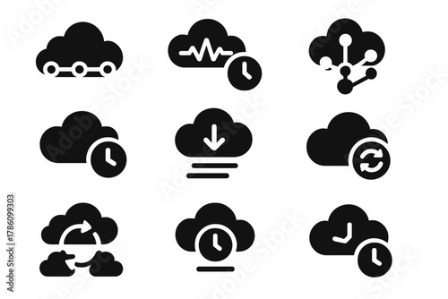 Cloud Temporal Icons. Solid style icons of cloud-based temporal systems: distributed timeline cloud, real-time stream sync, event