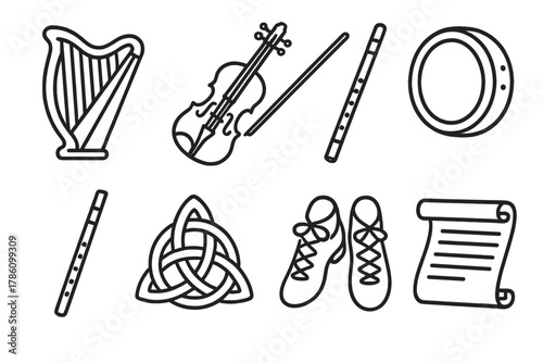 Celtic Music Icons. Line style icons of Celtic Music: Harp, Fiddle, Flute, Bodhrán, Celtic Knot, Tin Whistle, Dancing Shoes,