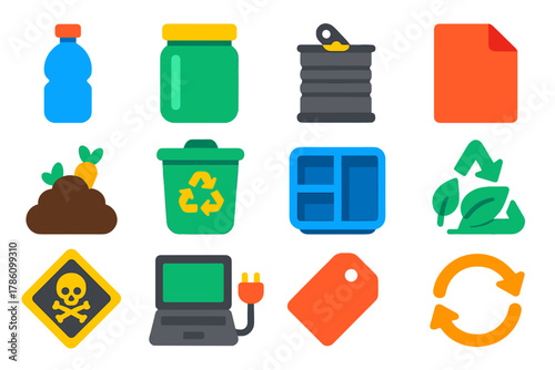 Recycling Icons Collection. Flat vector icons of waste categorization and recycling: plastic bottle, glass jar, metal can, paper