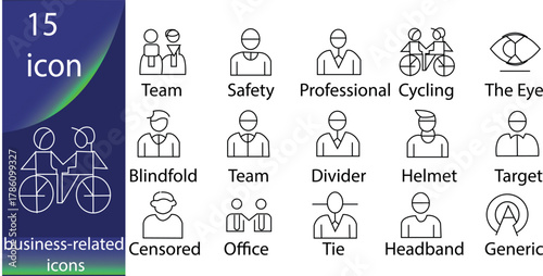 Set of 15 Business and People-Related Outline Icons including Teamwork, Safety, Cycling, and Office