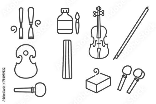 Luthier's Tools Icons. Line style icons of Luthier: Wood Carving Tools, Varnish, Violin, Soundhole, Fingerboard, Bow, Tuning Pegs,