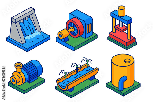 Hydraulic Applications Icons. Isometric vector illustration set Hydraulic Applications: dam water release, hydroelectric turbine,