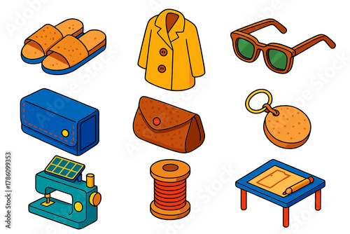 Sustainable Fashion Icons. Isometric vector illustration set Sustainable fashion – cork sandals, wooden button coat, olive wood