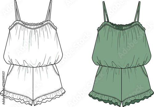 Women's romper fashion sketch, ruffle hem shorts, elastic waist, spaghetti strap, summer outfit, casual wear, cad drawing flat vector illustration