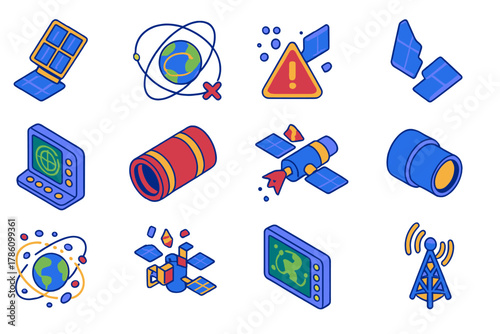 Space Debris Illustrations. Isometric vector illustration set Space Debris: satellite panel fragment, orbital path diagram, risk