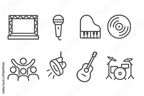Soul Festival Icons. Line style icons of Soul Festival: Stage, Microphone, Piano, Vinyl Record, Crowd, Spotlight, Guitar, Drum Kit