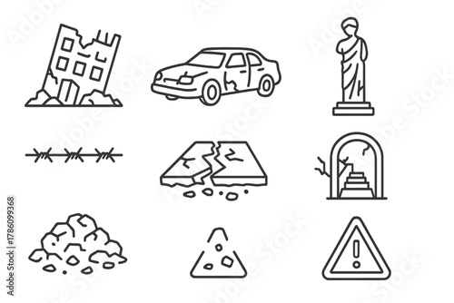 Fallen City Icons. Line style icons of Fallen City: Collapsed Building, Rusted Car, Cracked Statue, Barbed Wire, Broken Road,