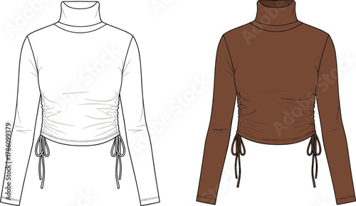 Women's ruched turtleneck top fashion sketch, long sleeve fitted silhouette, drawstring waist detail, 