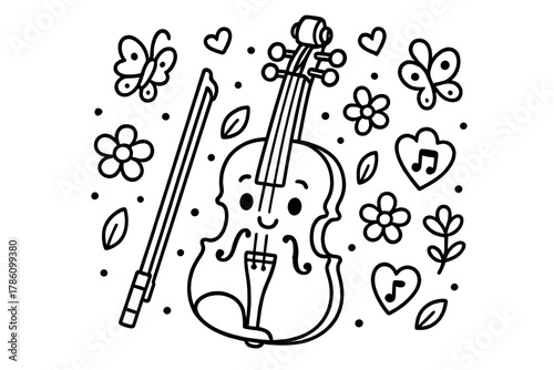 Melodic Nature. Cute violin with a bow surrounded by flowers, butterflies, and musical hearts flying in the air, black and white