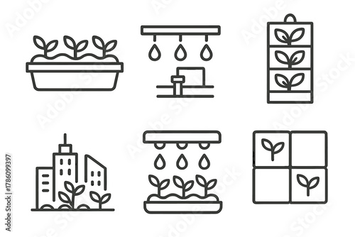 Urban Farming Icons. Line style icons of rooftop and wall farms: rooftop grow tray, water irrigation system, vertical wall planter