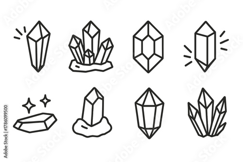 Crystal Line Icons. Line style icons of Crystal Formation: Refracted Light, Cluster, Geometric Shape, Prism, Reflective Surface,