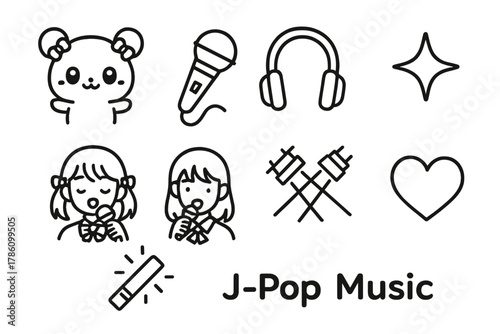 J-Pop Music Icons. Line style icons of J-Pop Music: Cute Mascot, Microphone, Headphones, Sparkle, Idol Singer, Stage Lights, Glow