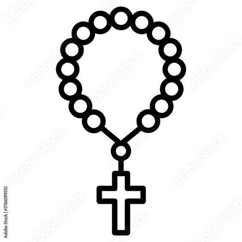 Rosary beads icon with cross, minimalist black line religious symbol on white