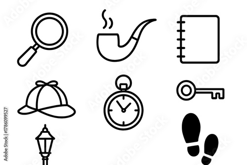 Victorian Detective Icons. Line style icons of Victorian Detective: Magnifying Glass, Pipe, Notebook, Deerstalker Hat, Pocket