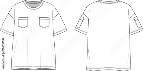 Short sleeve t-shirt technical sketch, front and back view, chest pockets, round neck, fashion flat drawing, apparel template, cad drawing flat vector illustration