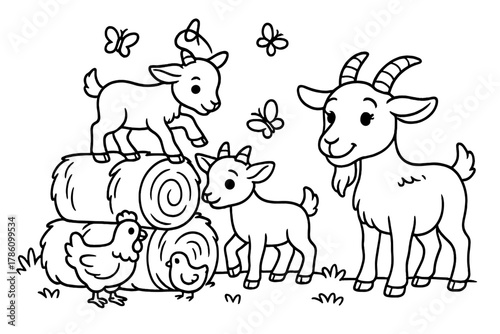 Goat Kids Climbing. Curious goat kids climbing on hay bales while their mother goat smiles nearby, with chickens and butterflies