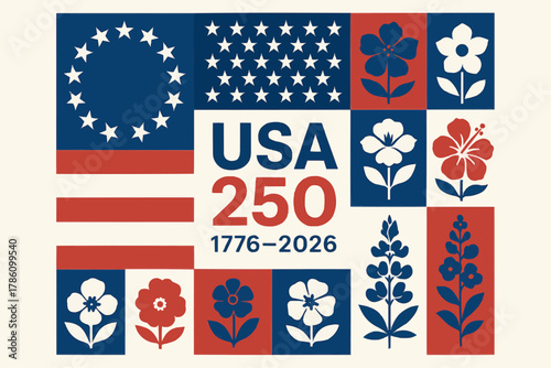 Quilt of the Union — Vector Patchwork Poster with 13-Star Circle, 50 Stars and USA-250 (1776–2026)
