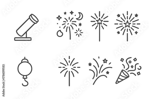 Fireworks Icon Collection. Line style icons of Fireworks Display: Launch Tube, Night Sky, Sparkler, Star Burst, Firework Shell,
