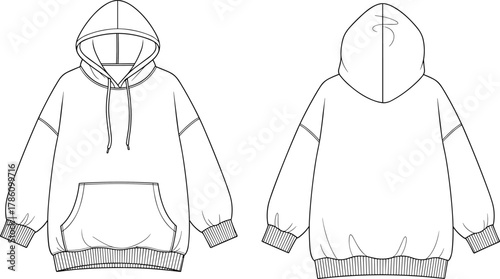 Front and back view oversized hoodie technical fashion flat sketch, detailed hooded sweatshirt cad drawing, apparel design illustration,