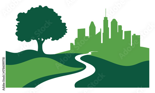 Green city park with winding path and skyline