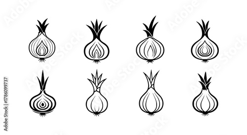 set of 6, onion logo, black and white, vector style, isolated on white.