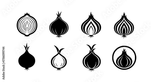 set of 6, onion logo, black and white, vector style, isolated on white.