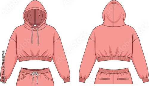 Cropped hoodie and sweatpants technical sketch, front and back view, drawstring details, fashion flat drawing, casual wear template, cad drawing flat vector illustration