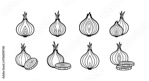 set of 6, onion logo, black and white, vector style, isolated on white.