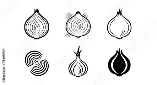 set of 6, onion logo, black and white, vector style, isolated on white.