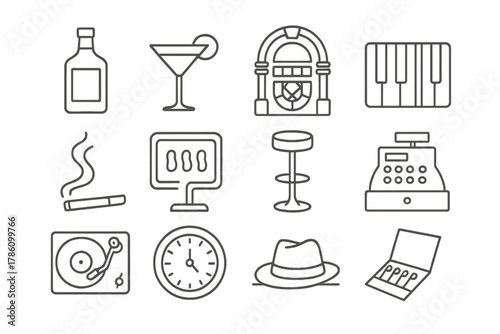 Bar Essentials Icons. Line style icons of dimly lit bar: whiskey bottle, cocktail glass, jukebox, piano keys; cigarette smoke,