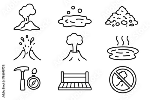 Thermal Geyser Icons. Line style icons of Thermal Geyser: Fumarole, Mud Pool, Silica Deposit, Boiling Water, Steam Vent, Hot