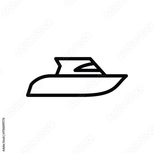 Line drawing of a boat depicting a sleek hull and a small cabin structure