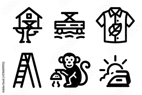 Treehouse Ironing Adventure. Line style icons of Extreme Ironing: treehouse ironing board, wood plank setup, jungle shirt, ladder