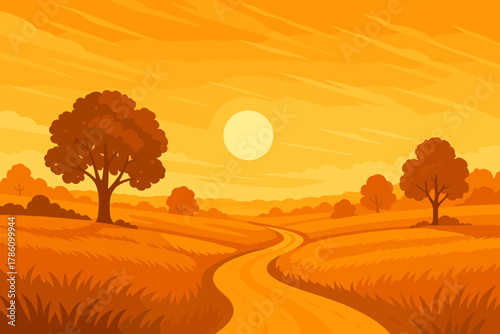 Sunrise Over Serene Countryside. Vibrant orange sunrise illuminating a serene countryside field with a winding dirt path, vector