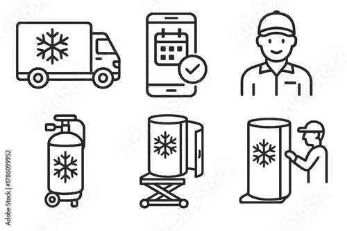 Mobile Cryotherapy Icons. Line style icons of mobile cryotherapy: cryotherapy truck, on-demand session booking, technician visit