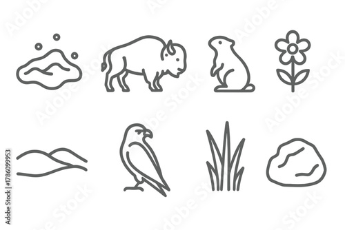 Northern Grassland Icons. Line style icons of Northern Grassland: Snow Patch, Bison, Prairie Dog, Wildflower, Rolling Hill, Hawk,