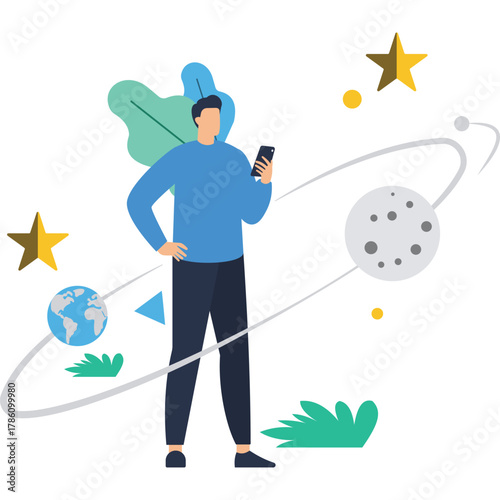Modern man using phone surrounded by planets and stars  flat illustration