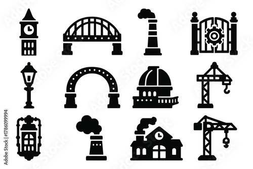 Steampunk Architecture Icons. Solid style icons of Steampunk architecture: clock tower, iron bridge, factory chimney, gear-adorned