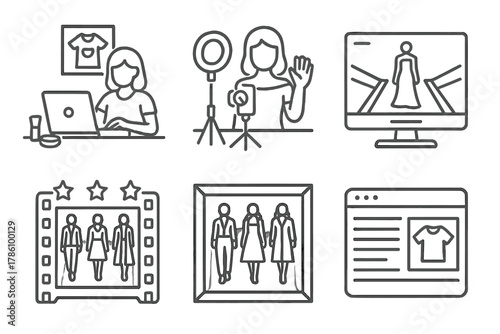 Fashion Show Media Icons. Line style icons of fashion show media coverage: fashion blogger at desk, influencer livestream setup,