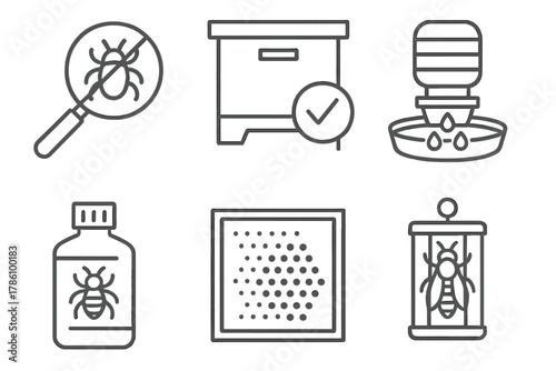 Bee Health Icons. Line style icons of bee health and care: mite check symbol, clean hive sign, sugar syrup feeder, bee medication