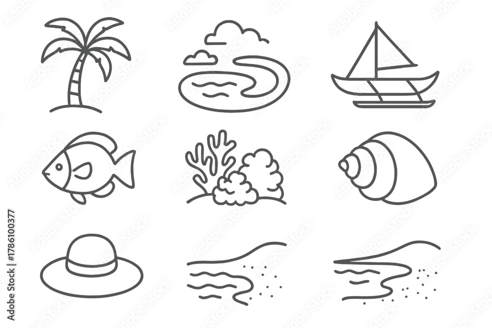 Naklejka premium Coral Atoll Icons. Line style icons of Coral Atoll: Palm Tree, Lagoon, Outrigger Canoe, Tropical Fish, Coral Reef, Sea Shell, Sun