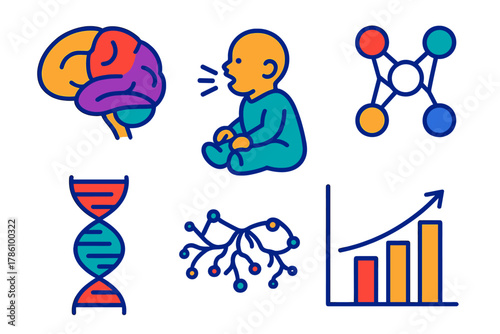 Biolinguistics Icons Set. Isometric vector illustration set Biolinguistics: brain language areas, child vocalization, neural