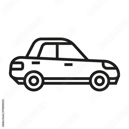 Outline drawing of a car simple black lines wheels body roof window headlights taillights