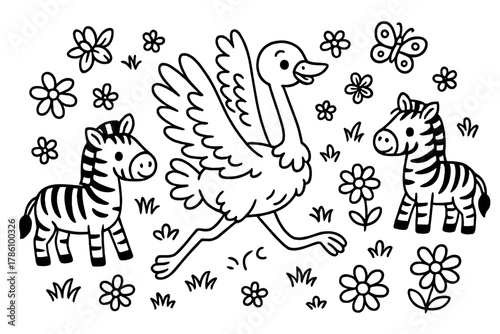 Whimsical Ostrich Adventure. Whimsical ostrich running with wings spread wide while zebras, flowers, and butterflies appear in the