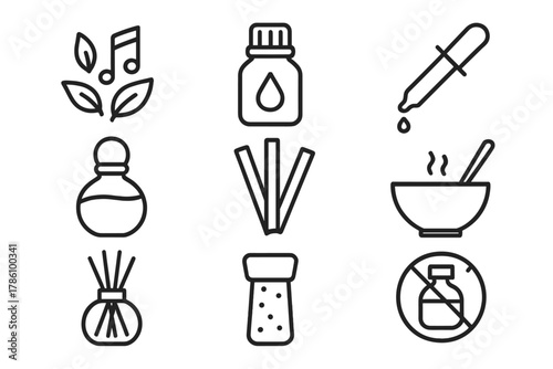 Perfumery Line Icons. Line style icons of Perfumery: Notes of Fragrance, Essential Oil, Pipette, Scent Bottle, Tester Strips,