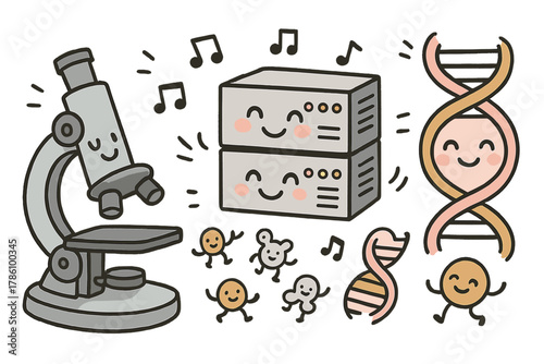 Joyful Biology Workshop. Friendly doodle computational biology workshop with happy microscopes, cartoon servers buzzing cheerfully