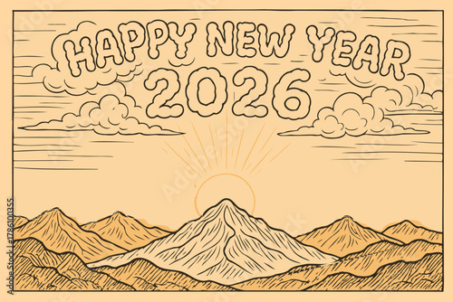 Happy new year 2026 greeting card with a stylized mountain landscape and cloudy sky in a vintage woodcut illustration style