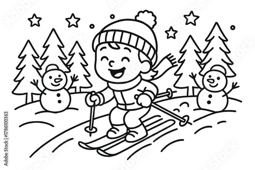 Joyful Skiing Adventure. Joyful skier sliding down snowy hills with trees, stars, and playful snowmen waving, black and white line